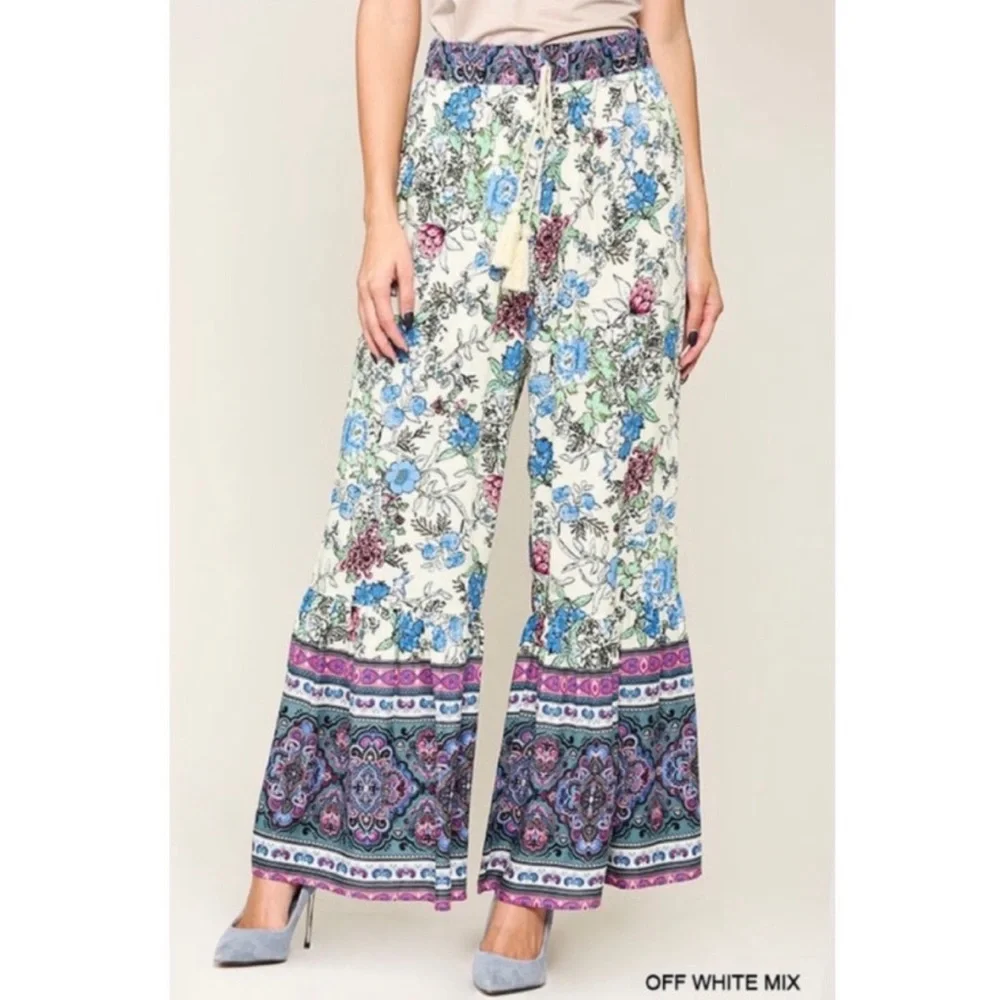 New! Sale 🔥Floral Boho Wide Leg Drawstring Tassels Tie Waist Ruffled Hem Pants - Picture 3 of 7